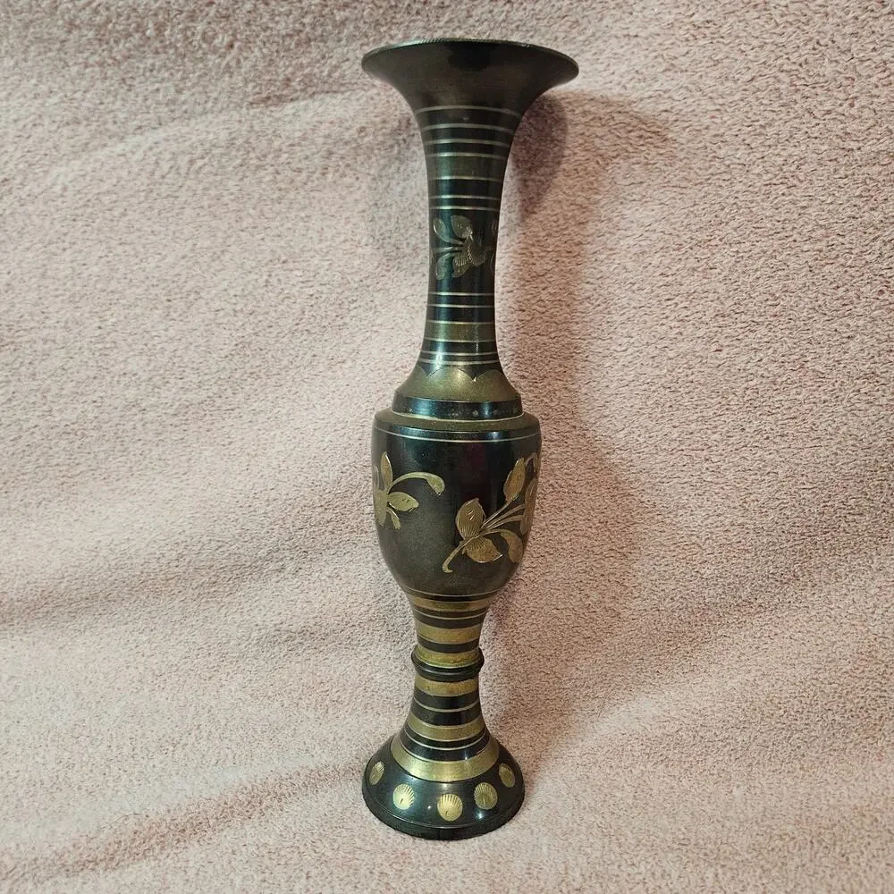 Vintage Etched Solid Brass and Black Enamel Floral Decorative Vase Made in India